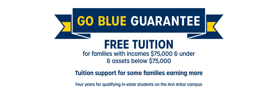Go Blue Guarantee - Free tuition for families with incomes $65,000 & under and assets below $50,000 - Tuition support for some families earning more - Four years for qualifying in-state students