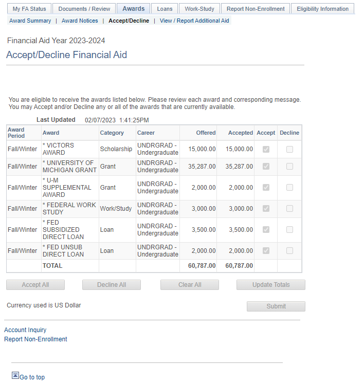 Accept/Decline Financial Aid in Wolverine Access