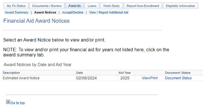 Financial aid award notices tab view