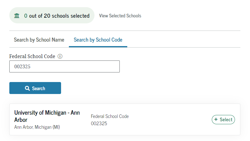 When searching by our School Code, only one result will populate – ensuring you are reaching the correct financial aid office. 