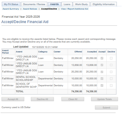 Screenshot of Wolverine Access showing the “Accept/Decline” page. A table is visible with fields for award period, award, award category, student category, amount of aid offered, amount of aid accepted, as well as checkboxes and buttons to accept or decline aid. Detailed instructions are provided below.
