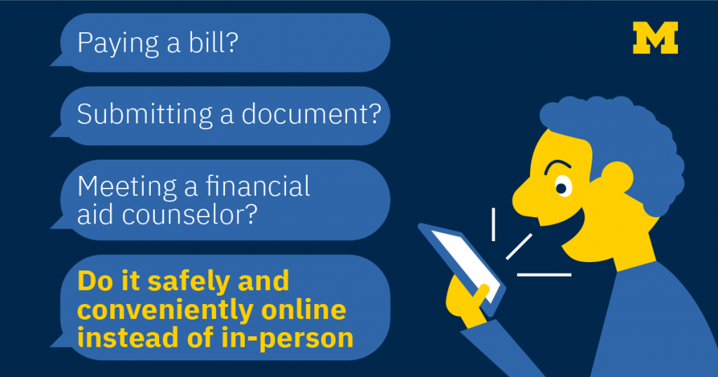 infographic about paying bills, submitting documents, and meeting financial aid counselors safely online instead of in-person