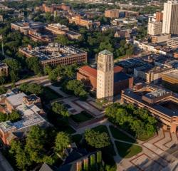 Aerial view of campus with Burton Tower