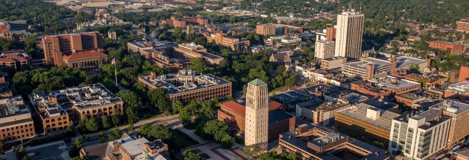 Ariel view of campus and the clock tower