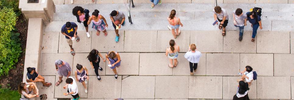 An overhead view of students on the steps of the Michigan Union