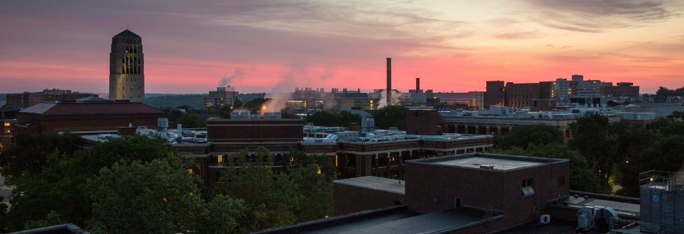 The campus skyline at sunrise