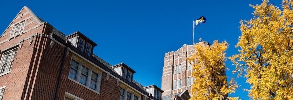 The Michigan Union and a nearby tree covered in golden leaves stand against a clear blue sky.