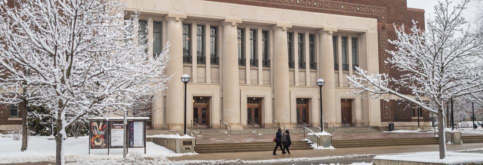 Hill Auditorium covered in snow