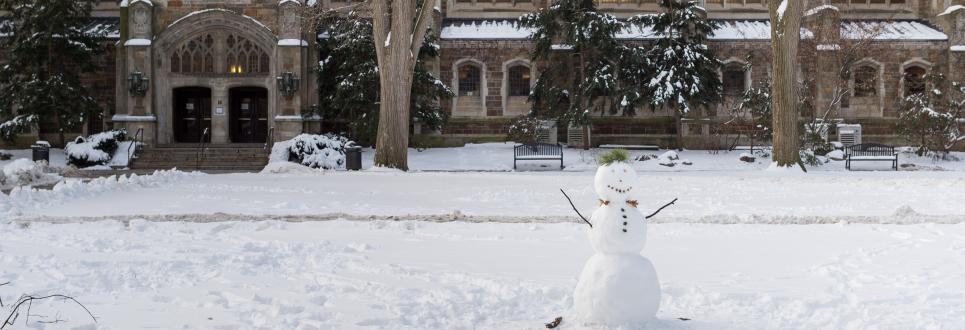 The Law Quad in winter with a snowman